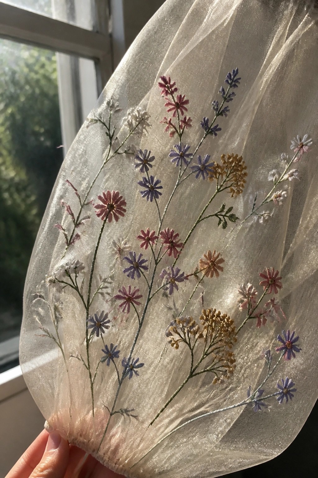 Sheer white sleeve fabric held by hand, embroidered with scattered wildflower stems in pink, purple, blue, white, and gold threads.