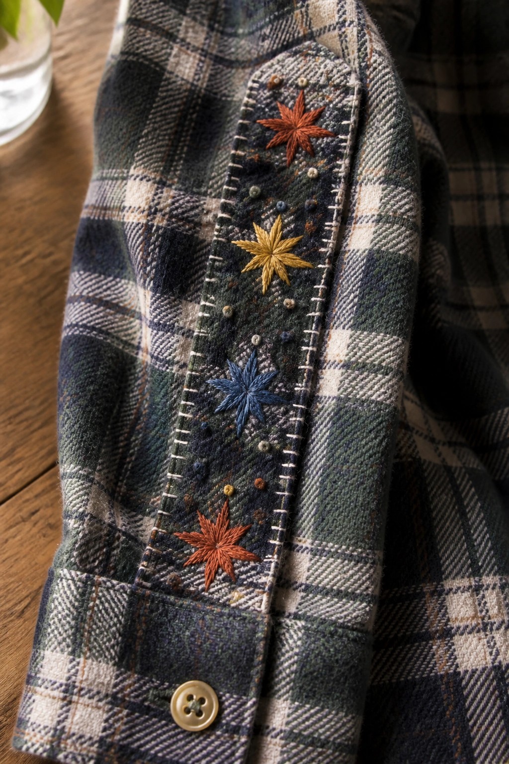 Close-up of a plaid shirt sleeve showing star-shaped embroidery in orange, yellow, and blue along the placket with scattered beads and a button at the cuff.