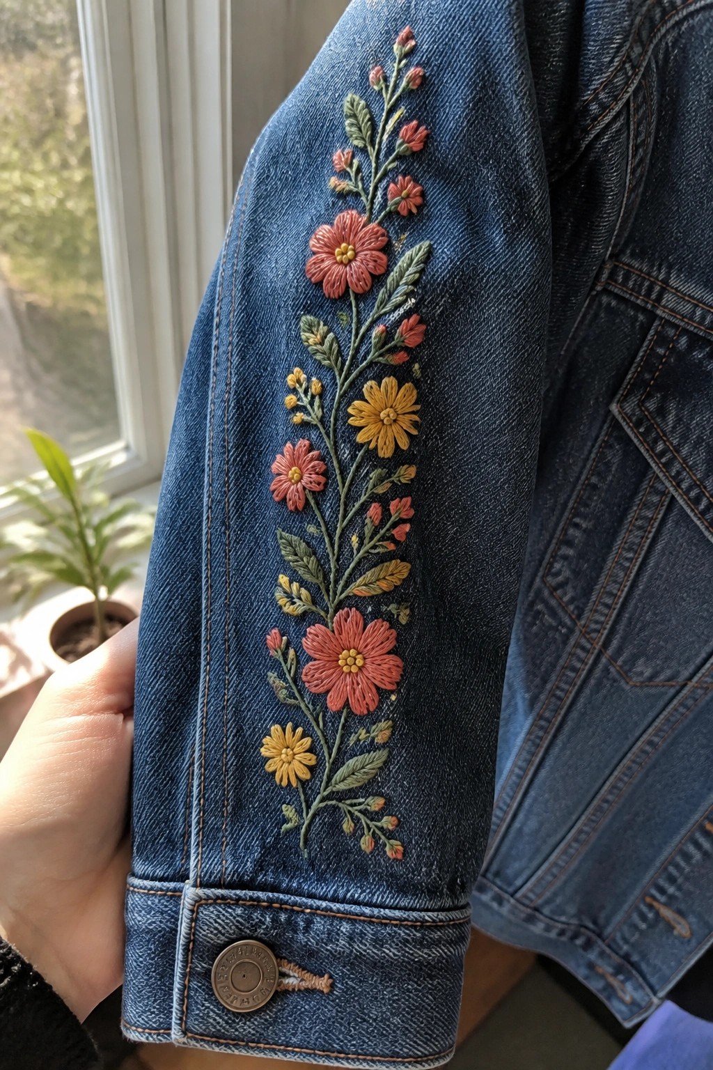 Blue denim jacket sleeve with vibrant red and yellow floral embroidery held by hand