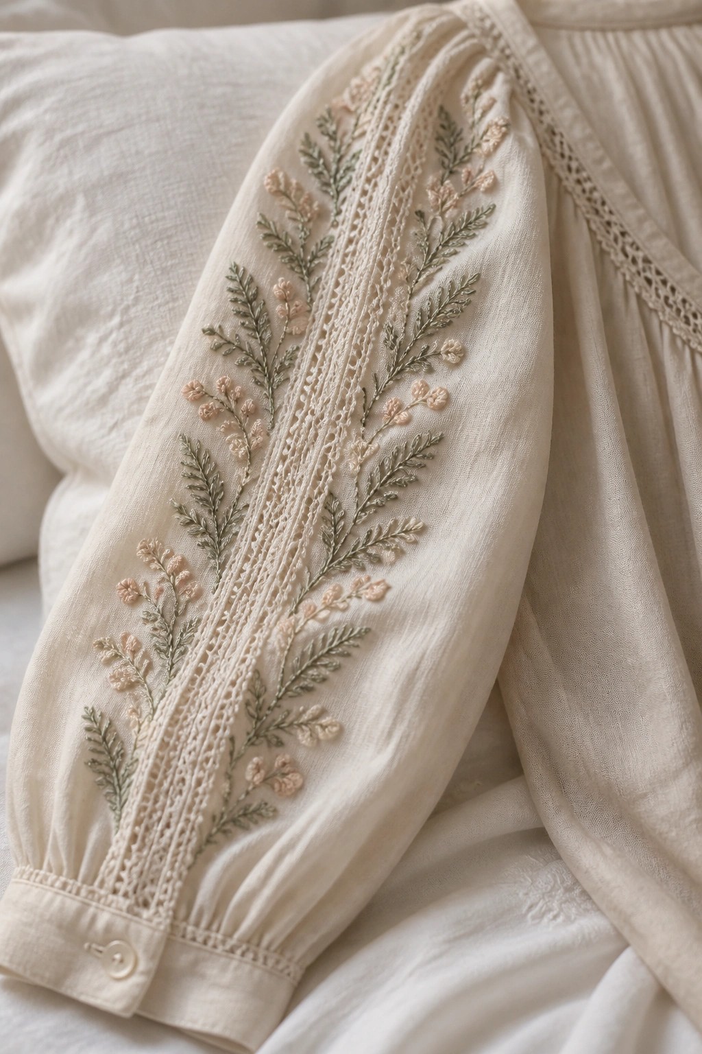 Cream blouse sleeve with green and pink floral embroidery, lace trim, button cuff