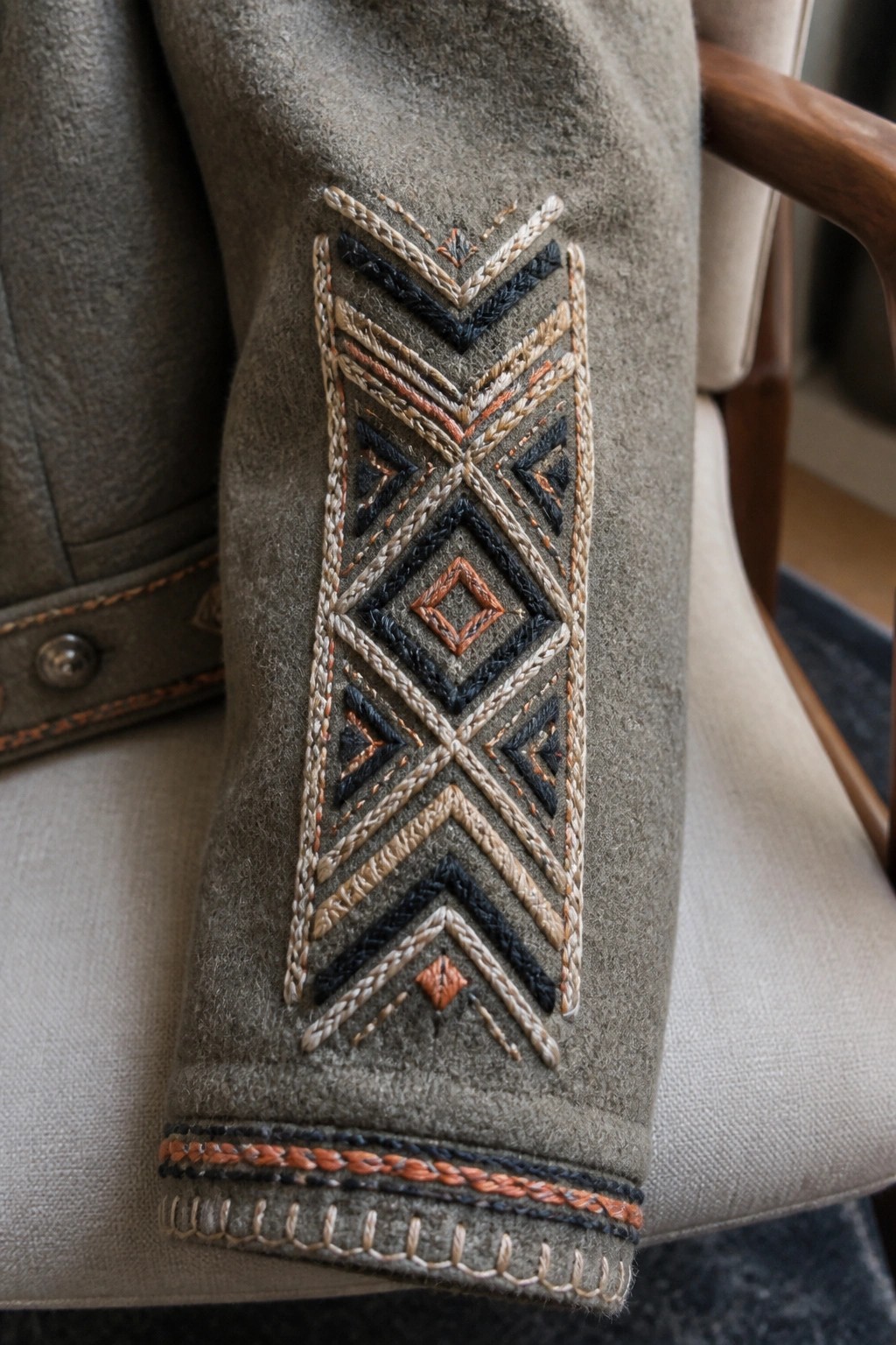 Gray wool sleeve with intricate geometric embroidery in navy, orange, and beige