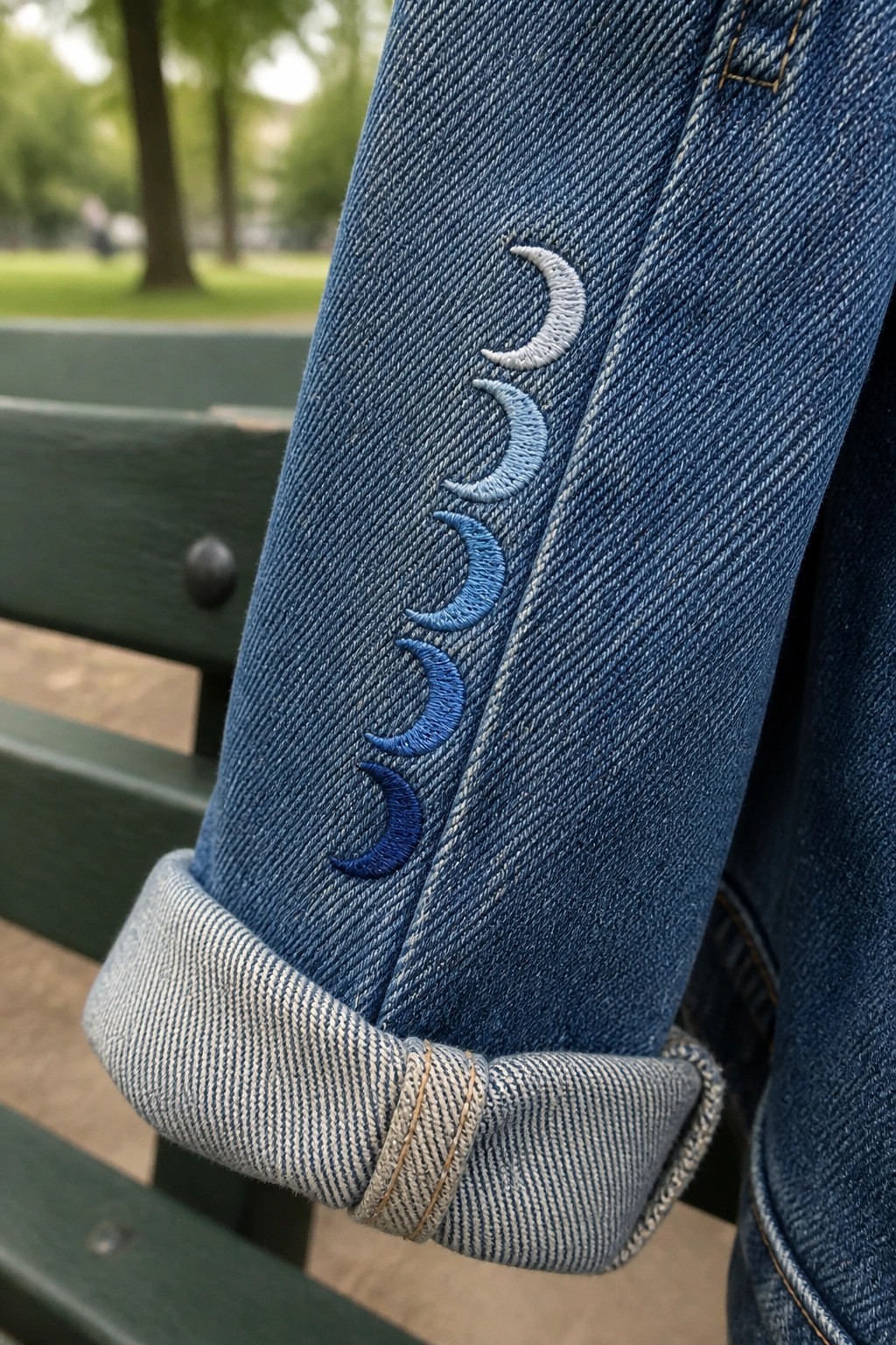 Blue denim jacket sleeve with blue crescent moon embroidery on park bench