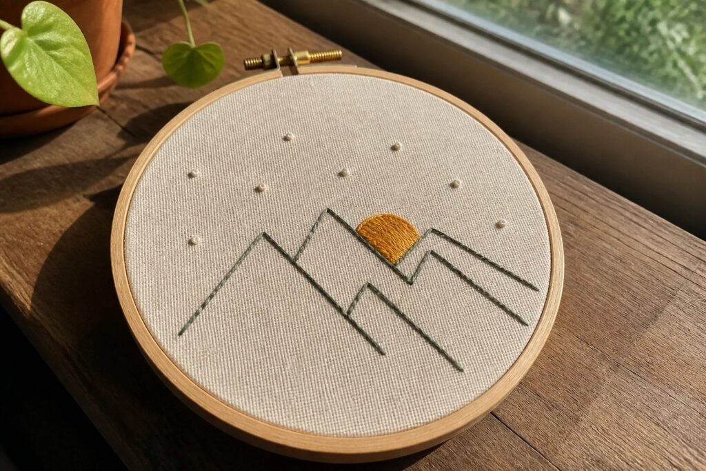 Embroidery hoop with beige fabric showing blue-green mountains, a yellow sun, and scattered white dots.