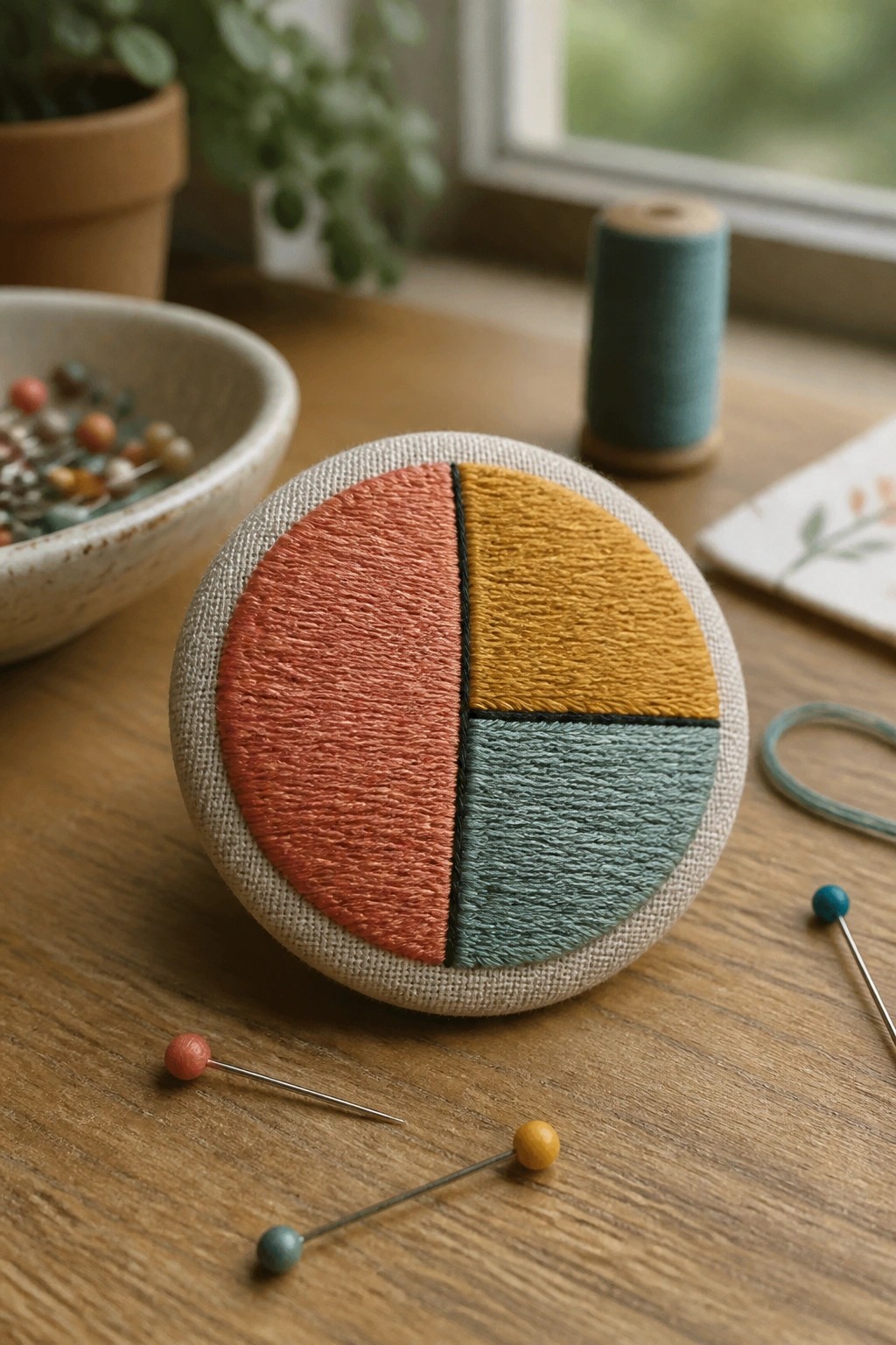 Embroidered circular pincushion with coral, yellow, and teal sections on wooden table