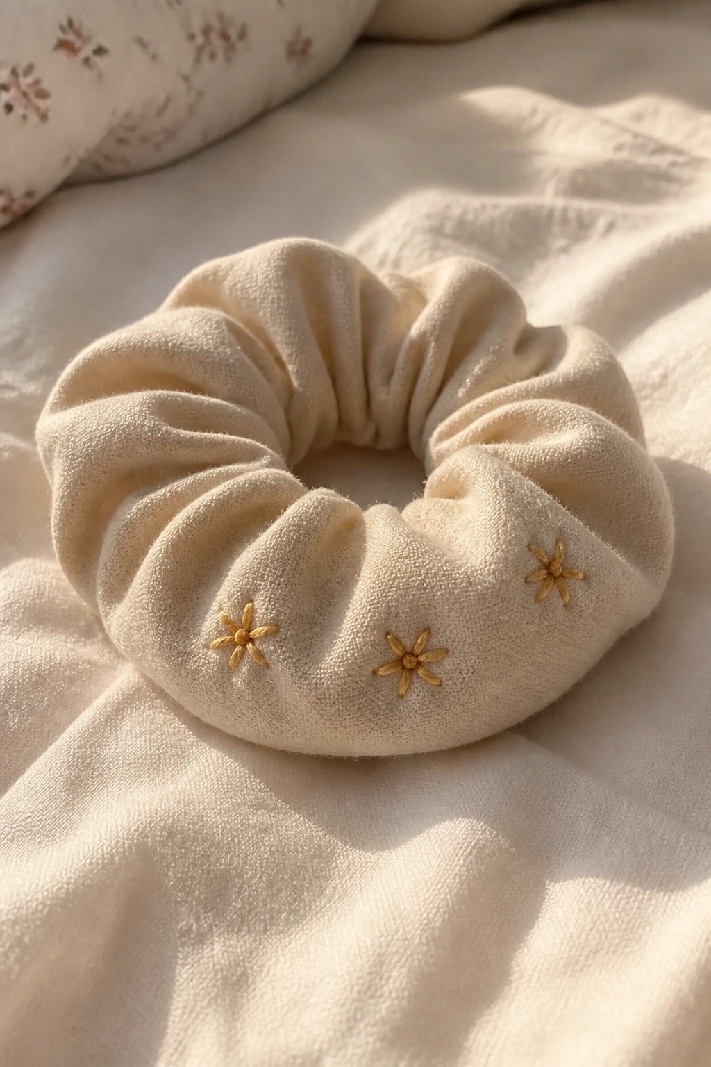 Beige scrunchie with gold flower details on white linen bedding.