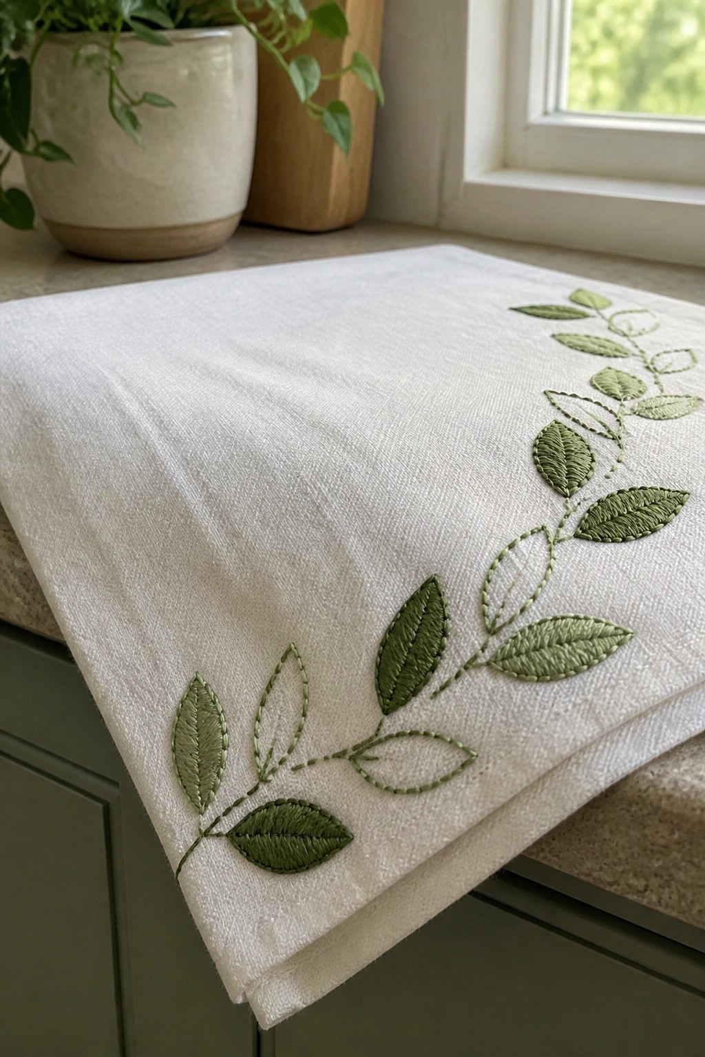 White cloth with green embroidered leaf vines on a windowsill countertop