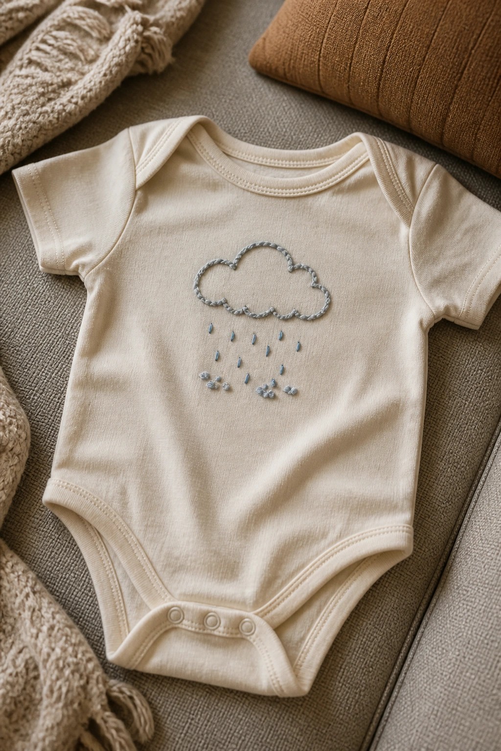 Cream baby onesie embroidered with gray cloud and blue raindrops on fabric.