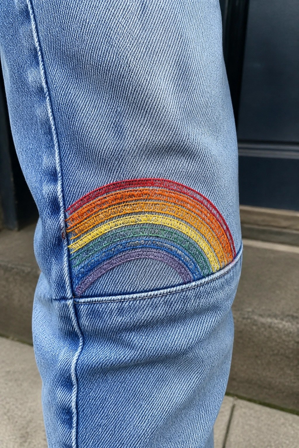 Light blue denim jeans with colorful rainbow embroidery on the knee.