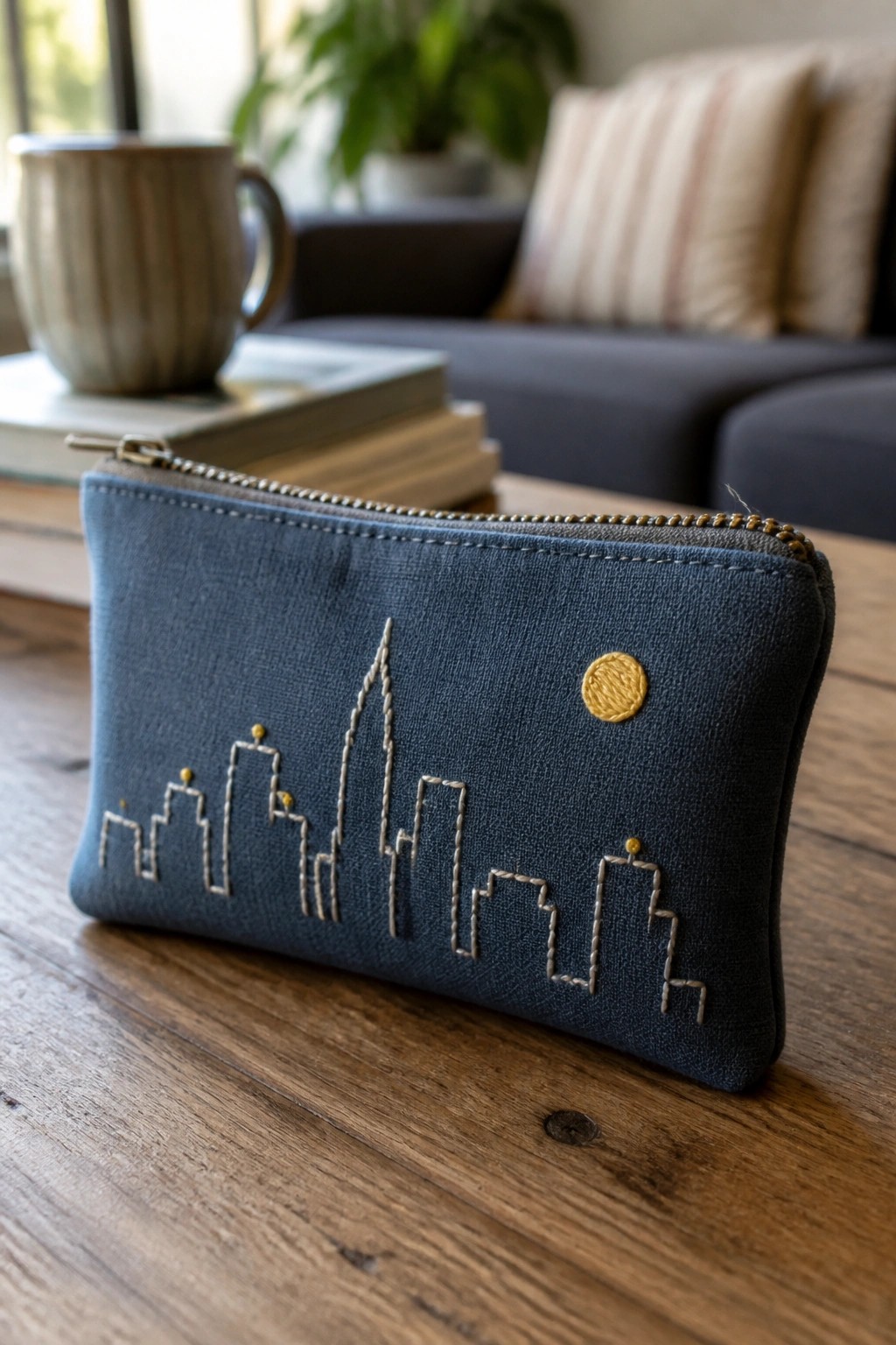 Navy blue zippered pouch with embroidered city skyline and gold sun on wooden table