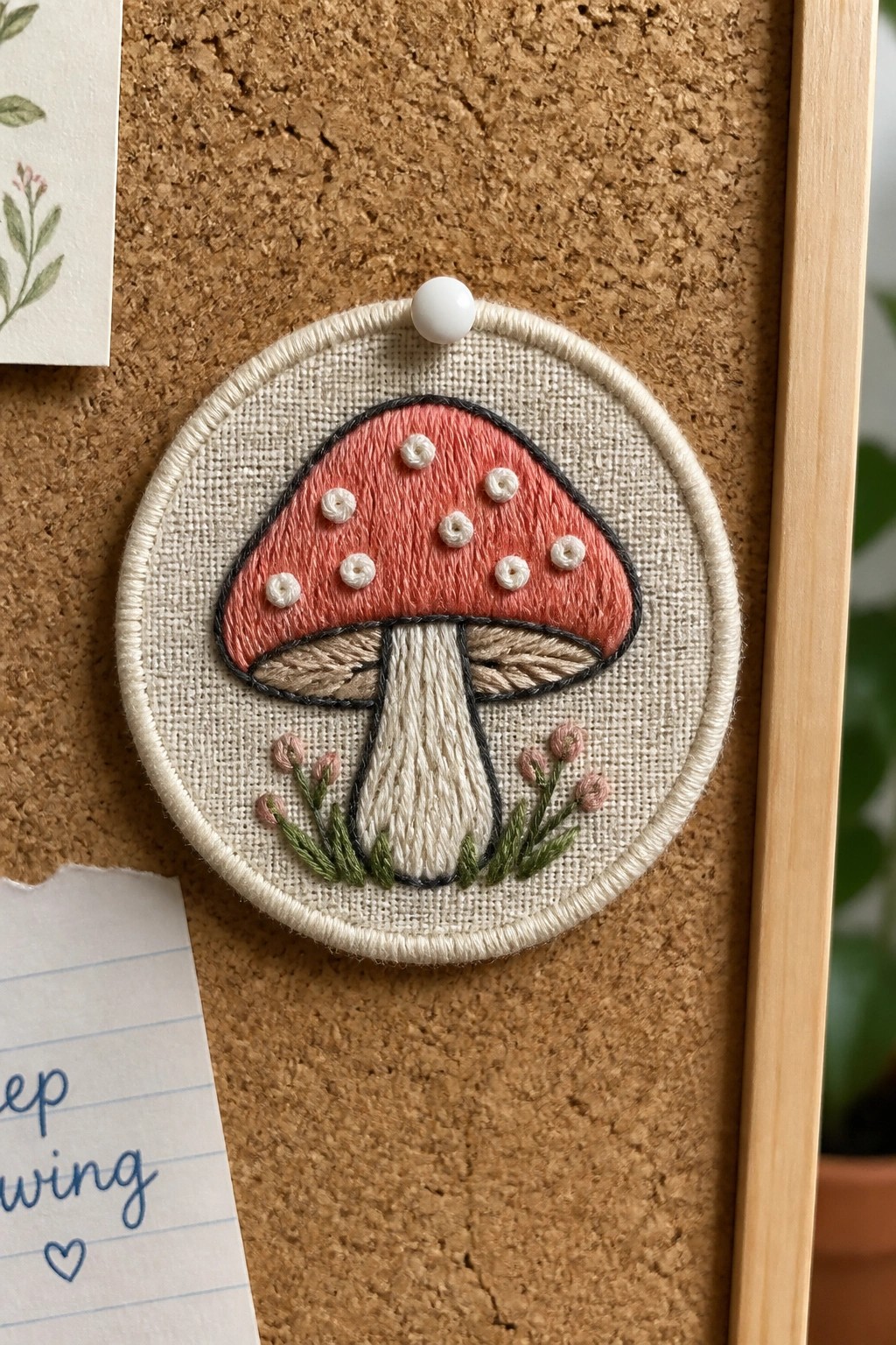 Embroidered red mushroom with white spots pinned to corkboard in circular hoop