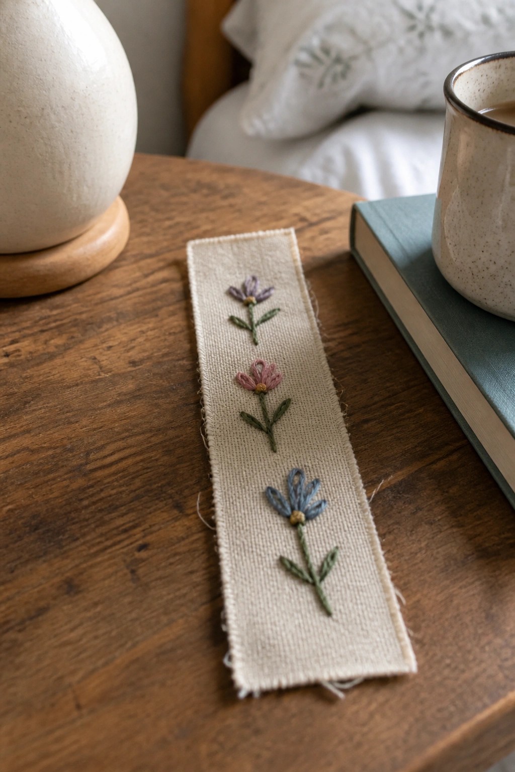 A narrow beige fabric strip embroidered with three small flowers in purple, pink, and blue sits on a wooden table beside a book and mug.