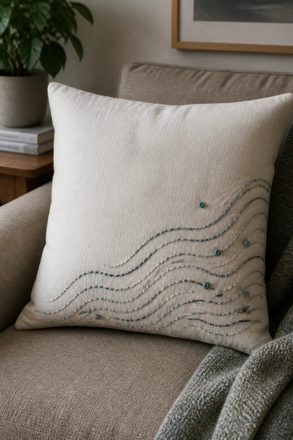 Beige pillow with blue wavy embroidery on textured armchair.