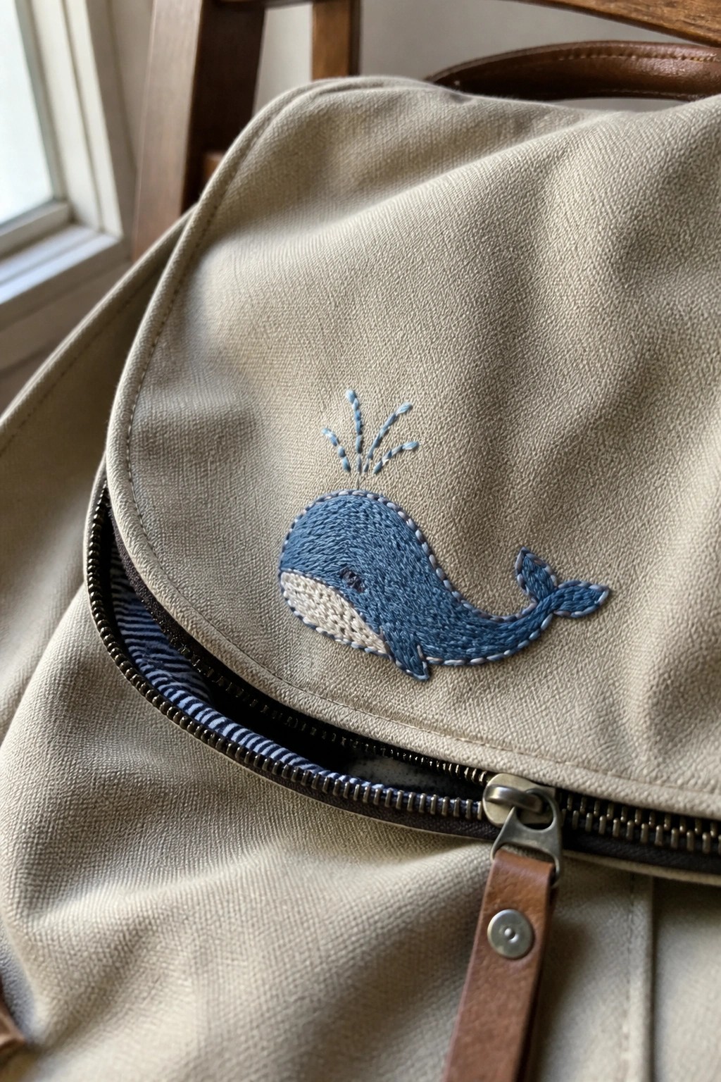 A blue embroidered whale with a water spout sits on the beige flap of a canvas bag near the zipper.