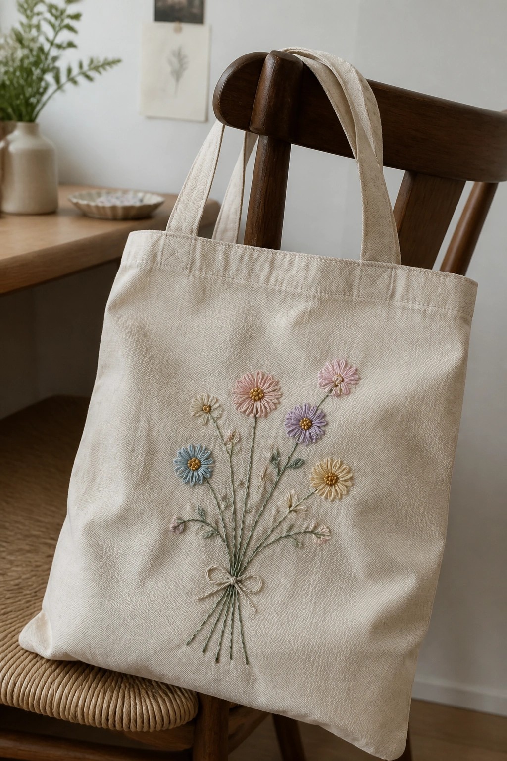 Beige tote bag with pastel embroidered flower bouquet on wooden chair