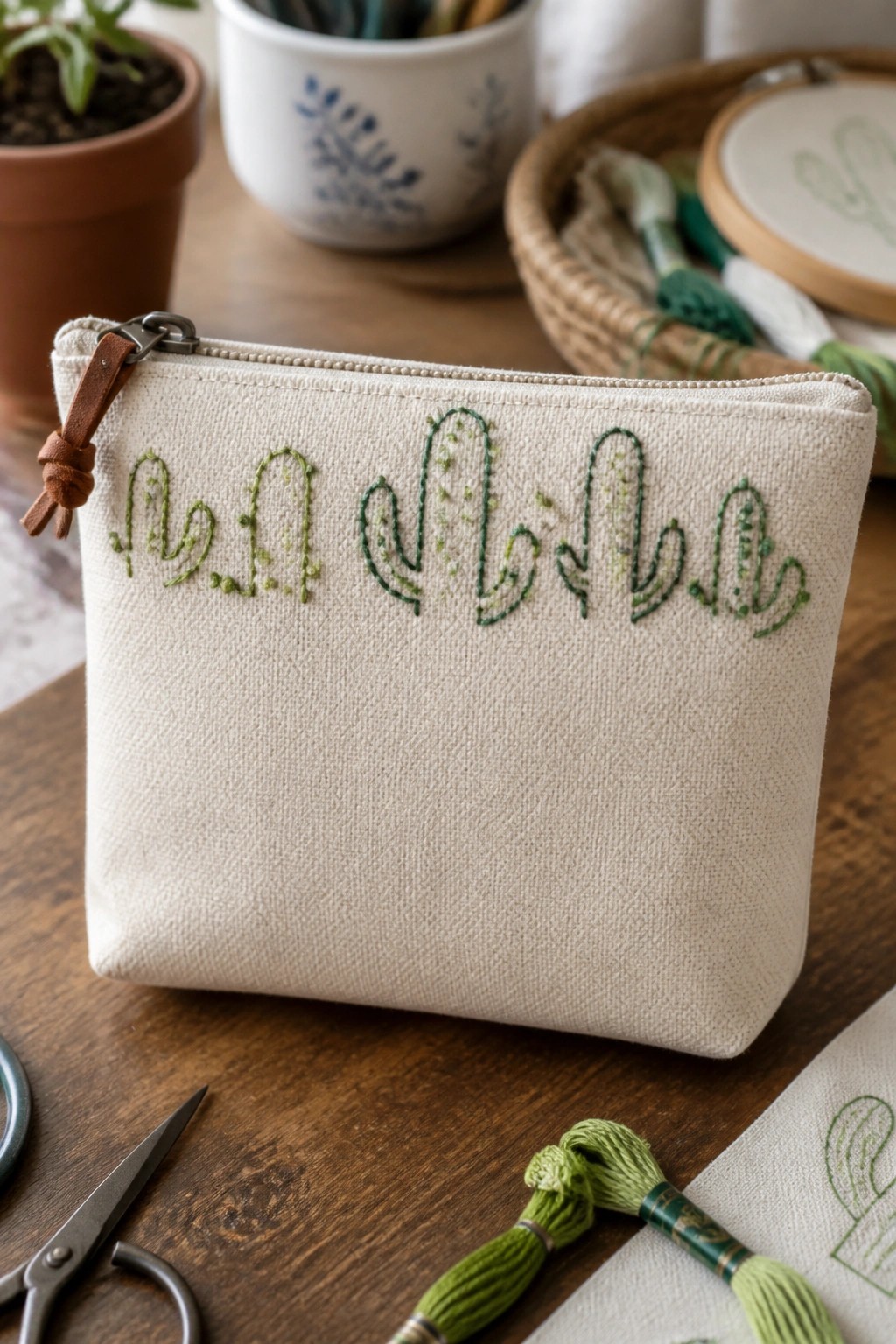 Beige zippered pouch with green cactus embroidery amid scissors and thread on wood