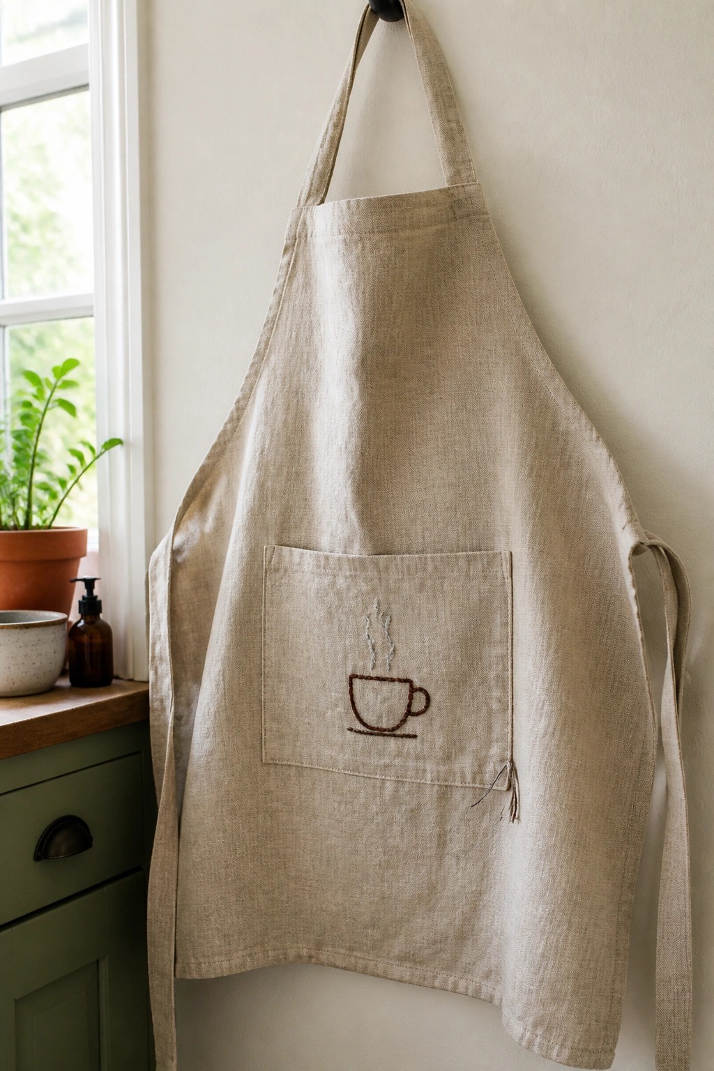 Beige linen apron with embroidered coffee cup pocket hanging near window and plant