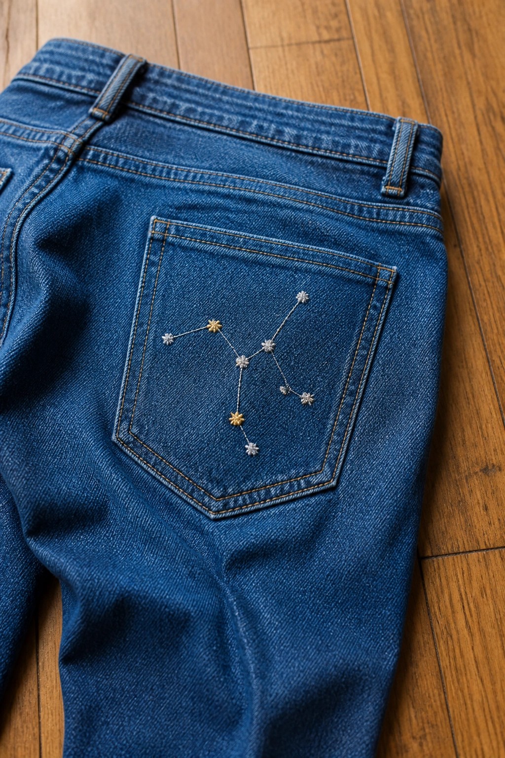 Blue denim jeans back pocket with silver-gold constellation embroidery on wooden floor