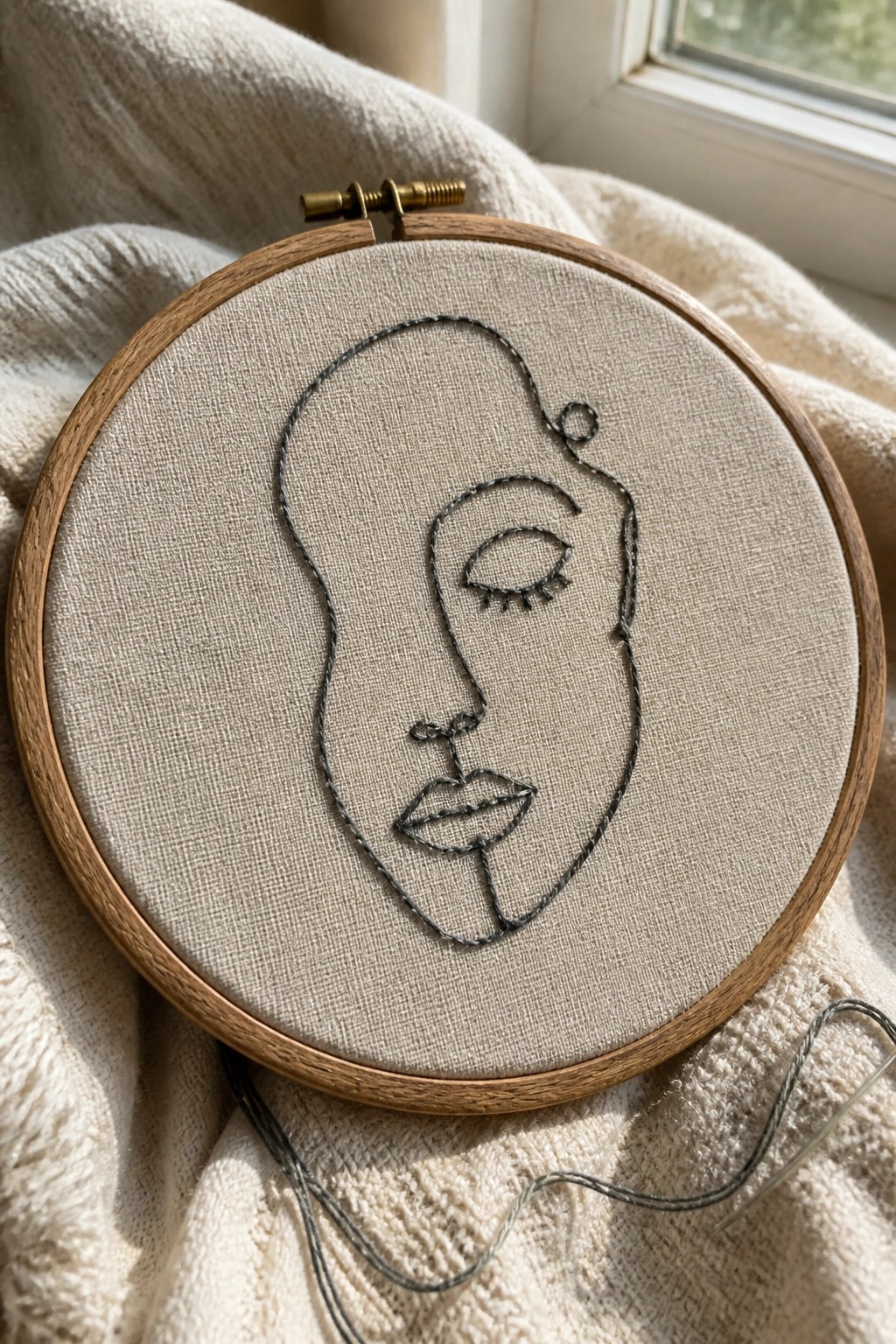 Embroidery hoop holding beige fabric with a minimalist gray thread outline of a woman's face profile, needle and loose thread visible at the bottom.