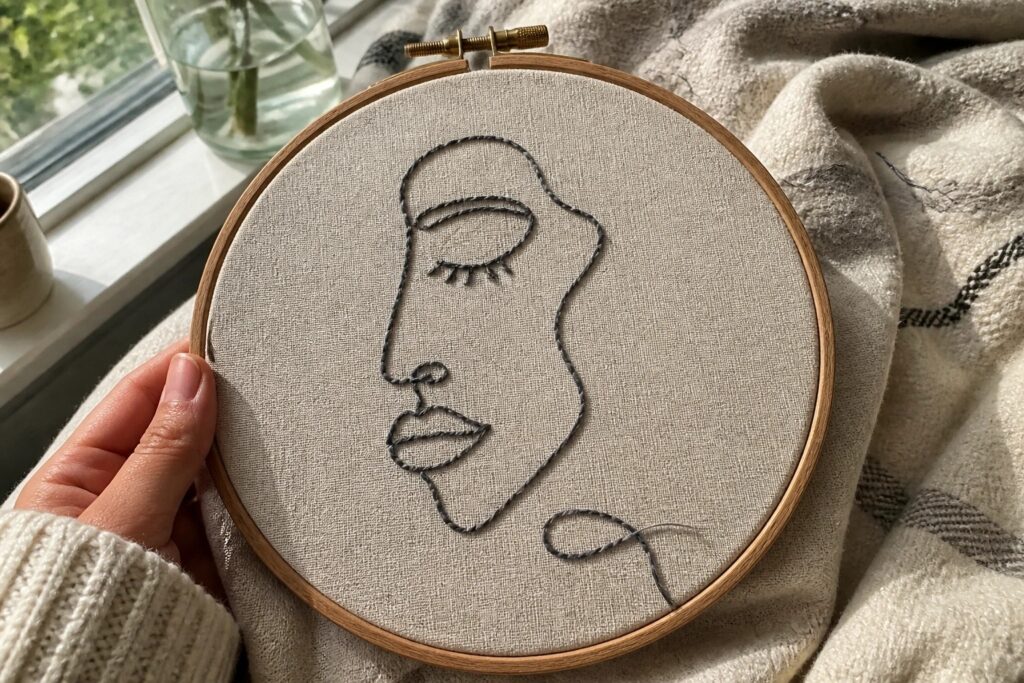 Embroidery hoop holding beige fabric with a minimalist gray thread outline of a woman's face profile, needle and loose thread visible at the bottom.