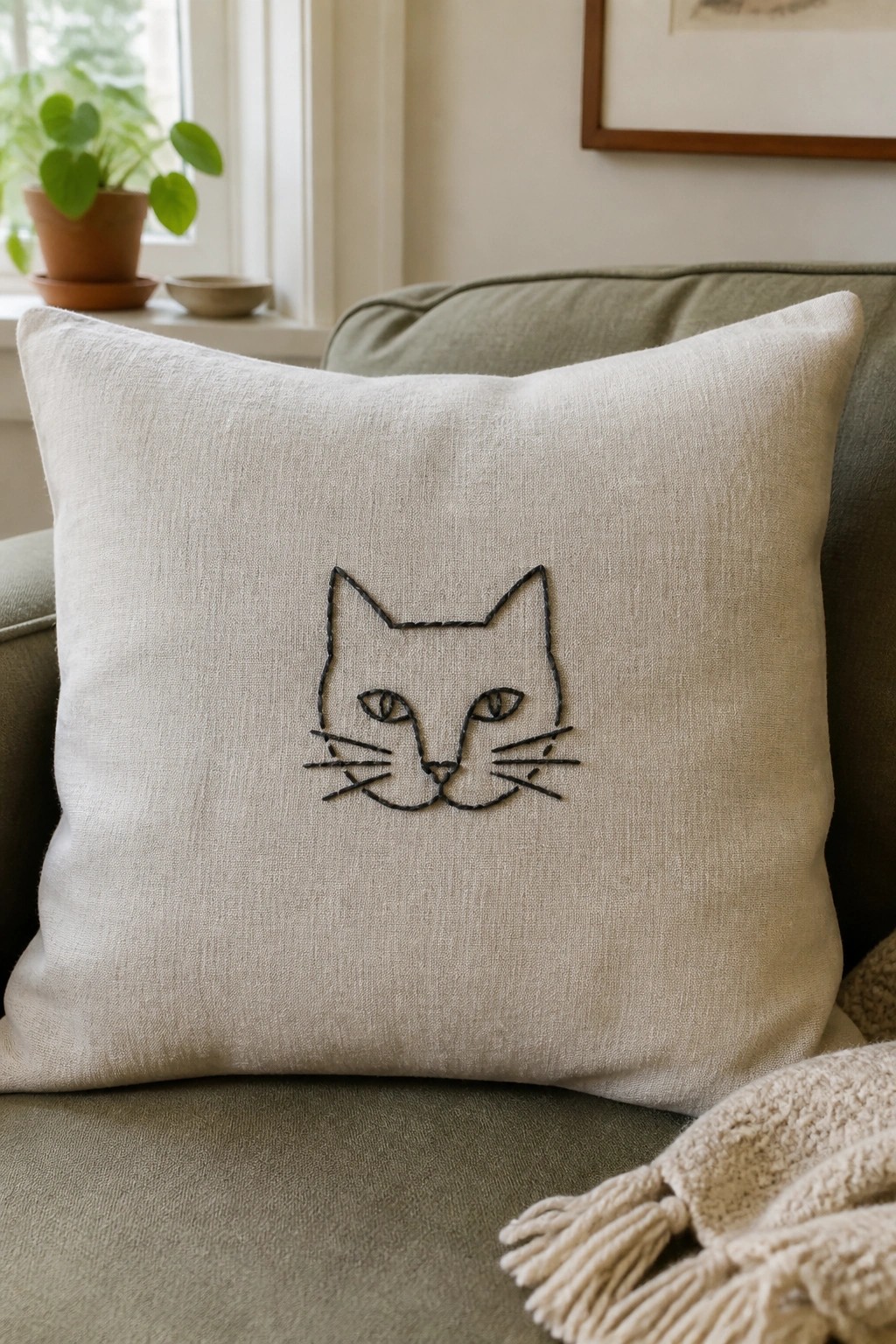 Cream pillow with black embroidered cat face on sage green sofa