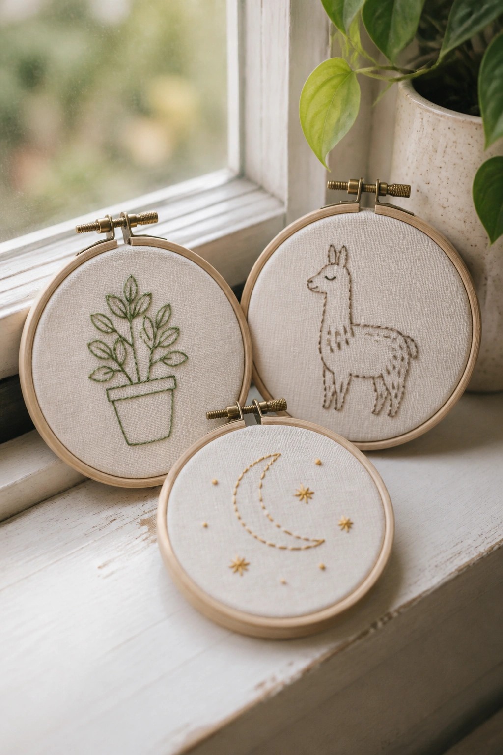 Three embroidery hoops with plant, llama, and moon designs on windowsill