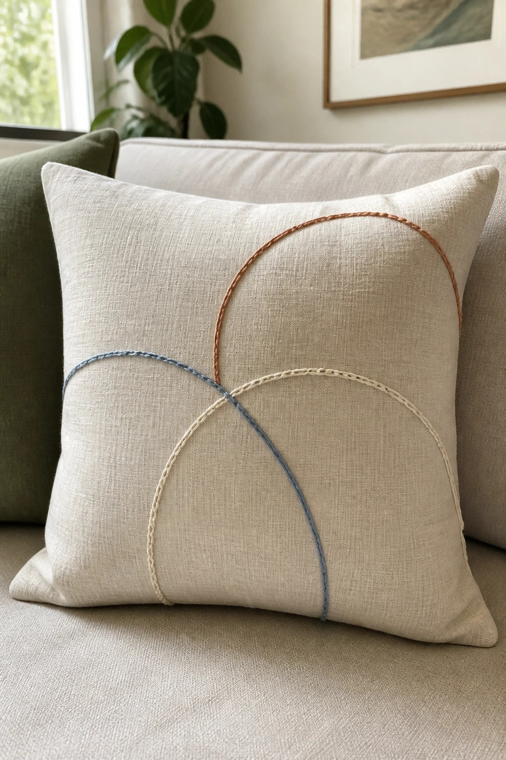 Beige pillow with overlapping embroidered arcs in brown, blue, and cream.