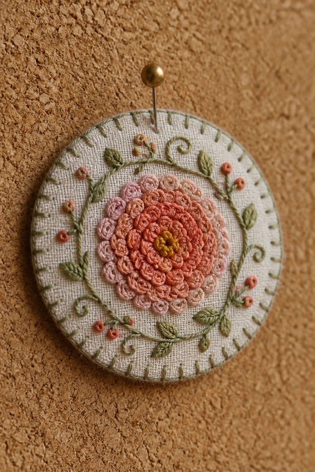 Embroidered circular pink-orange flower with yellow center and green vines, pinned to cork.
