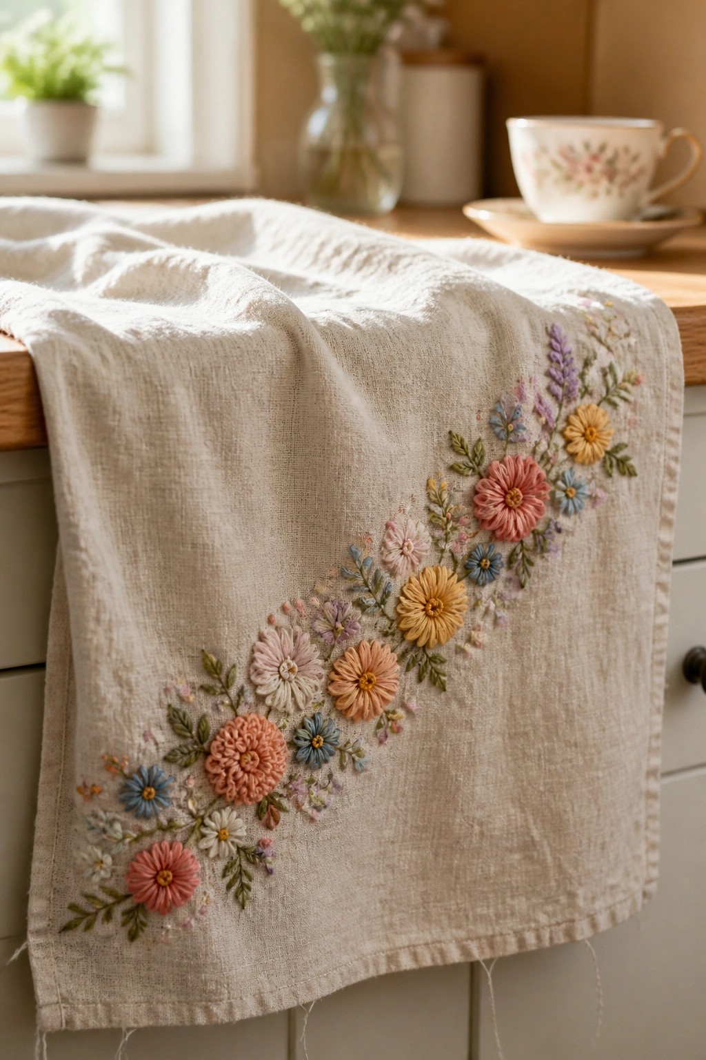 Cream linen table runner with colorful floral embroidery on wooden kitchen counter