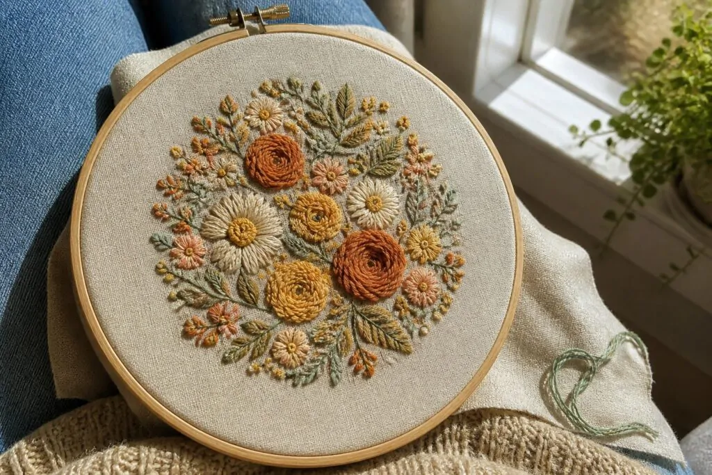 Embroidery hoop with orange and yellow flowers on beige fabric over brown sweater near coffee