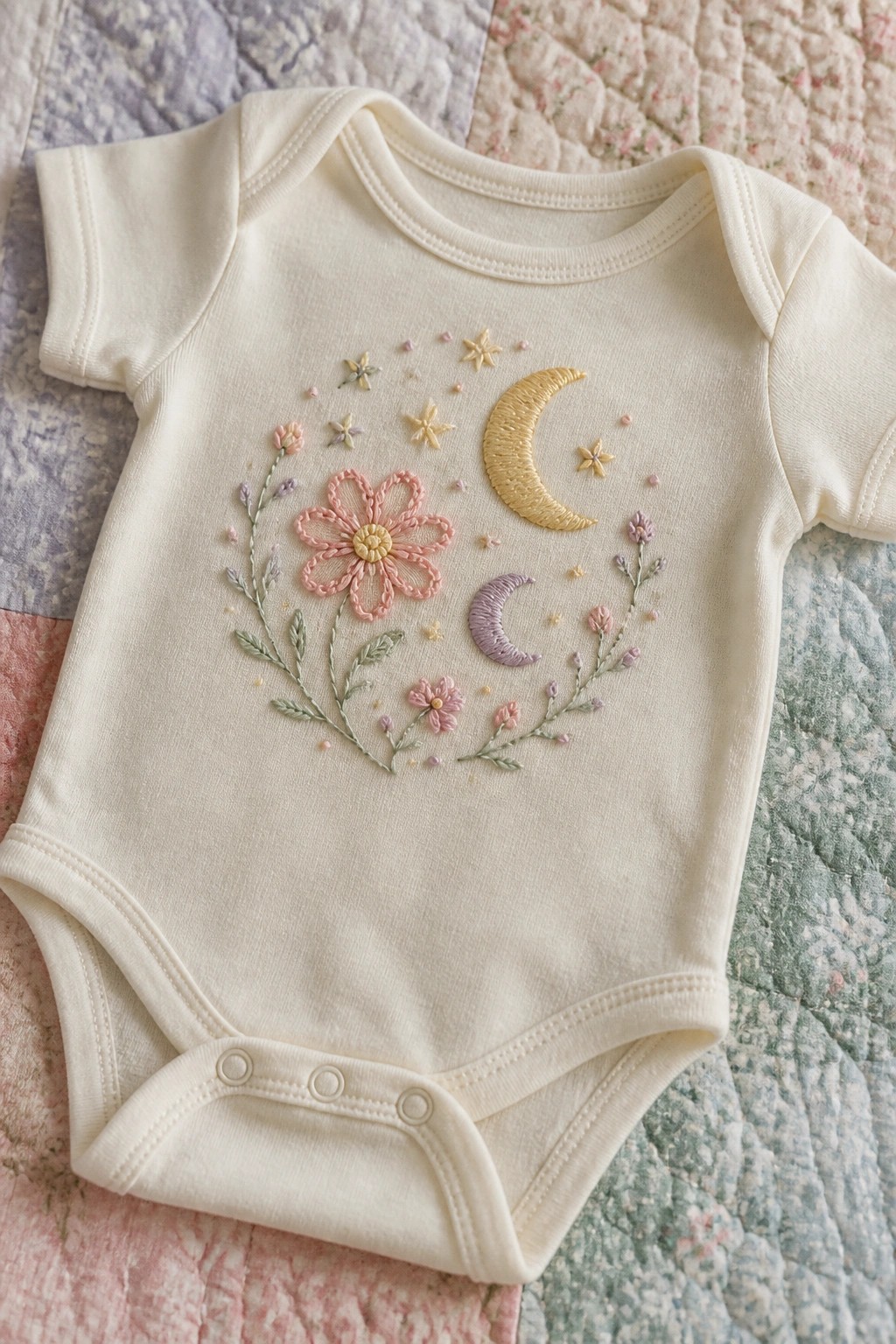 Cream onesie embroidered with pink flowers, moons, stars, and leaves on quilt.