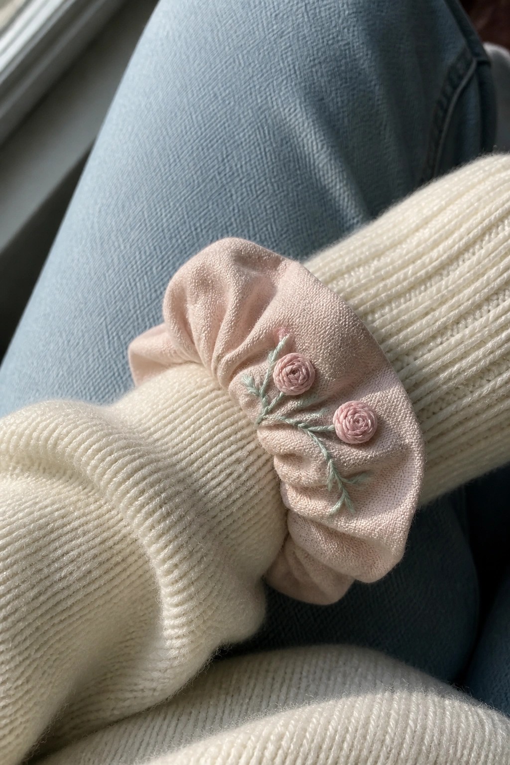 Pink scrunchie with embroidered roses on cream ribbed sweater sleeve over blue jeans
