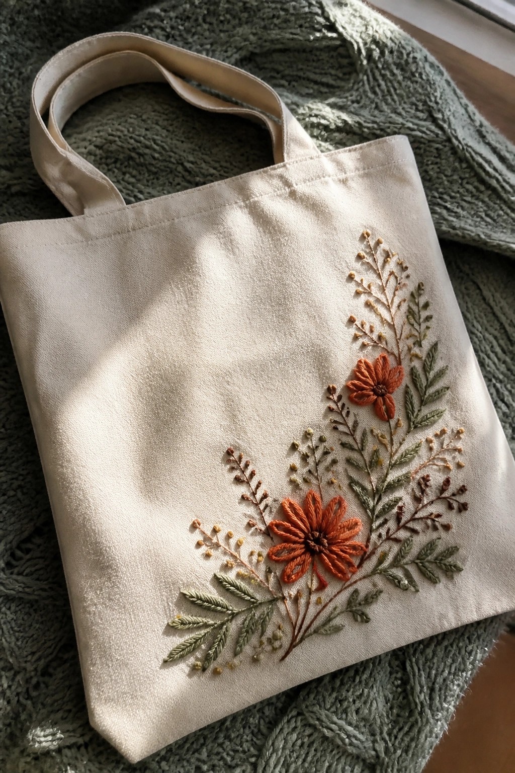 Cream tote bag with orange embroidered flowers and green leaves on green knit blanket