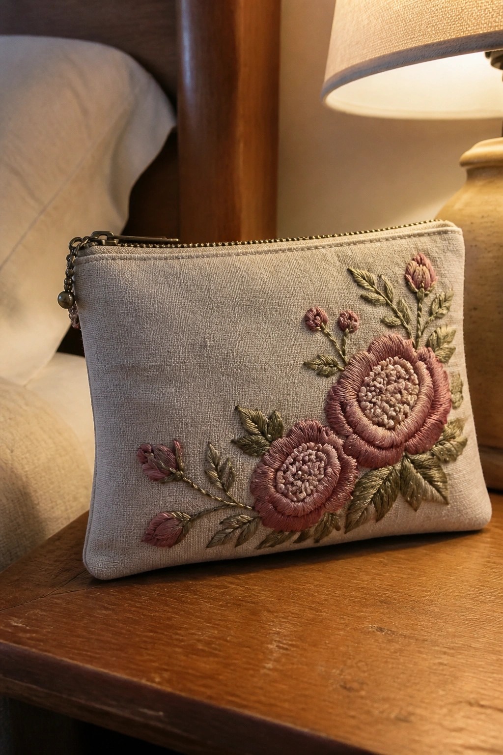 Beige zippered pouch embroidered with pink roses and green leaves on wooden table.