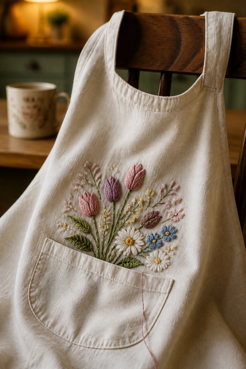 White apron with pink, purple, and blue embroidered flowers above a front pocket, draped over a wooden chair.