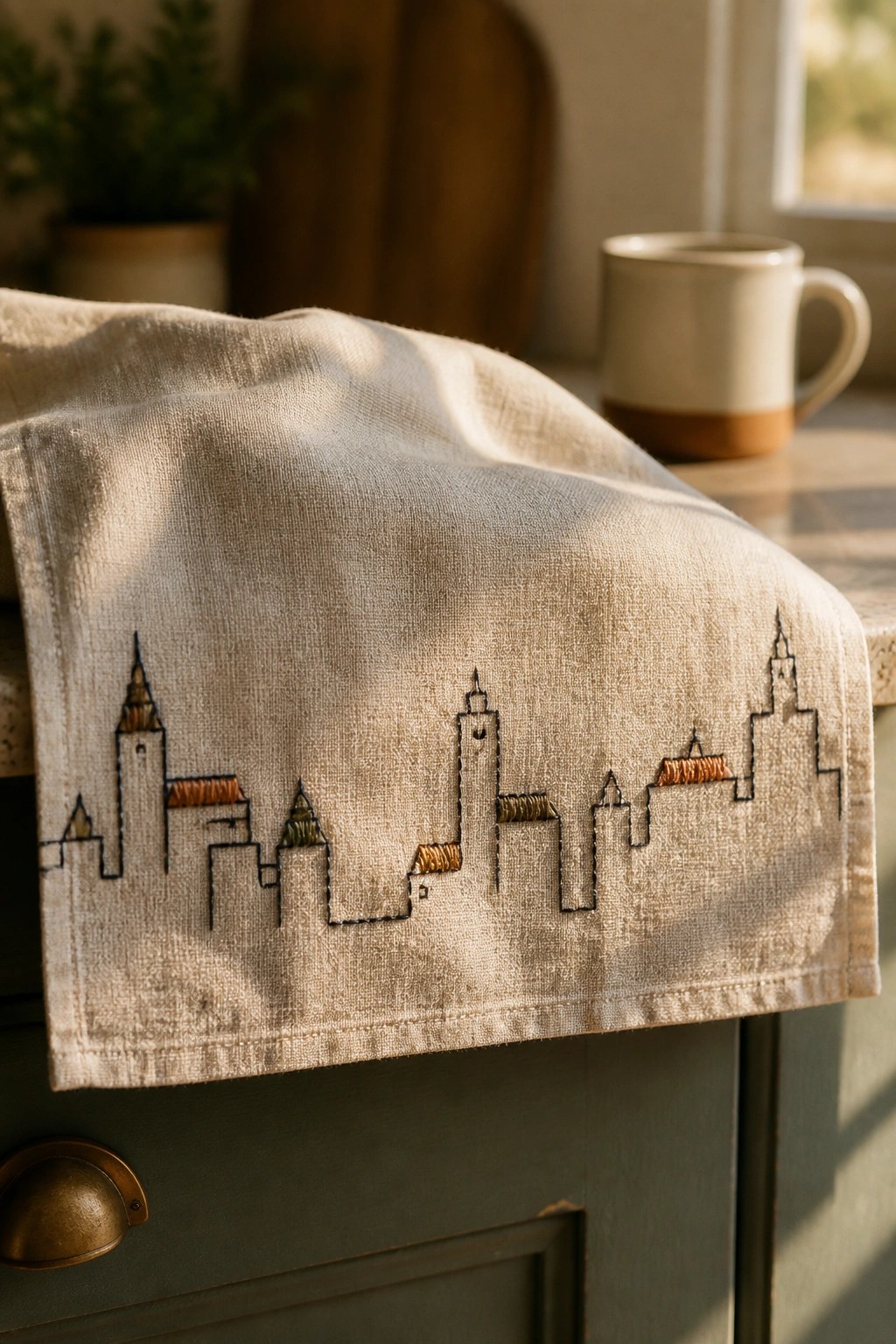 Embroidered city skyline on beige linen draped over green cabinet