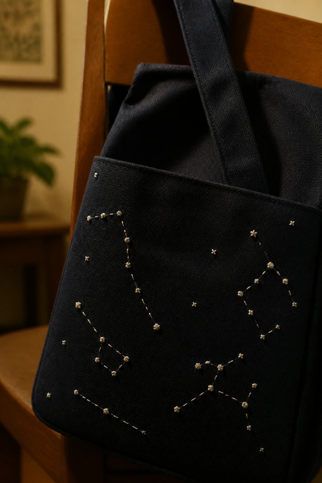 Navy blue tote bag with white constellation embroidery on wooden chair