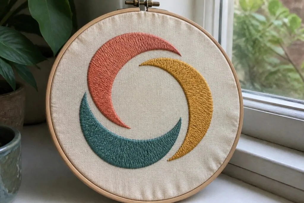 Wooden hoop with embroidered coral, gold, and teal crescent shapes on beige fabric.