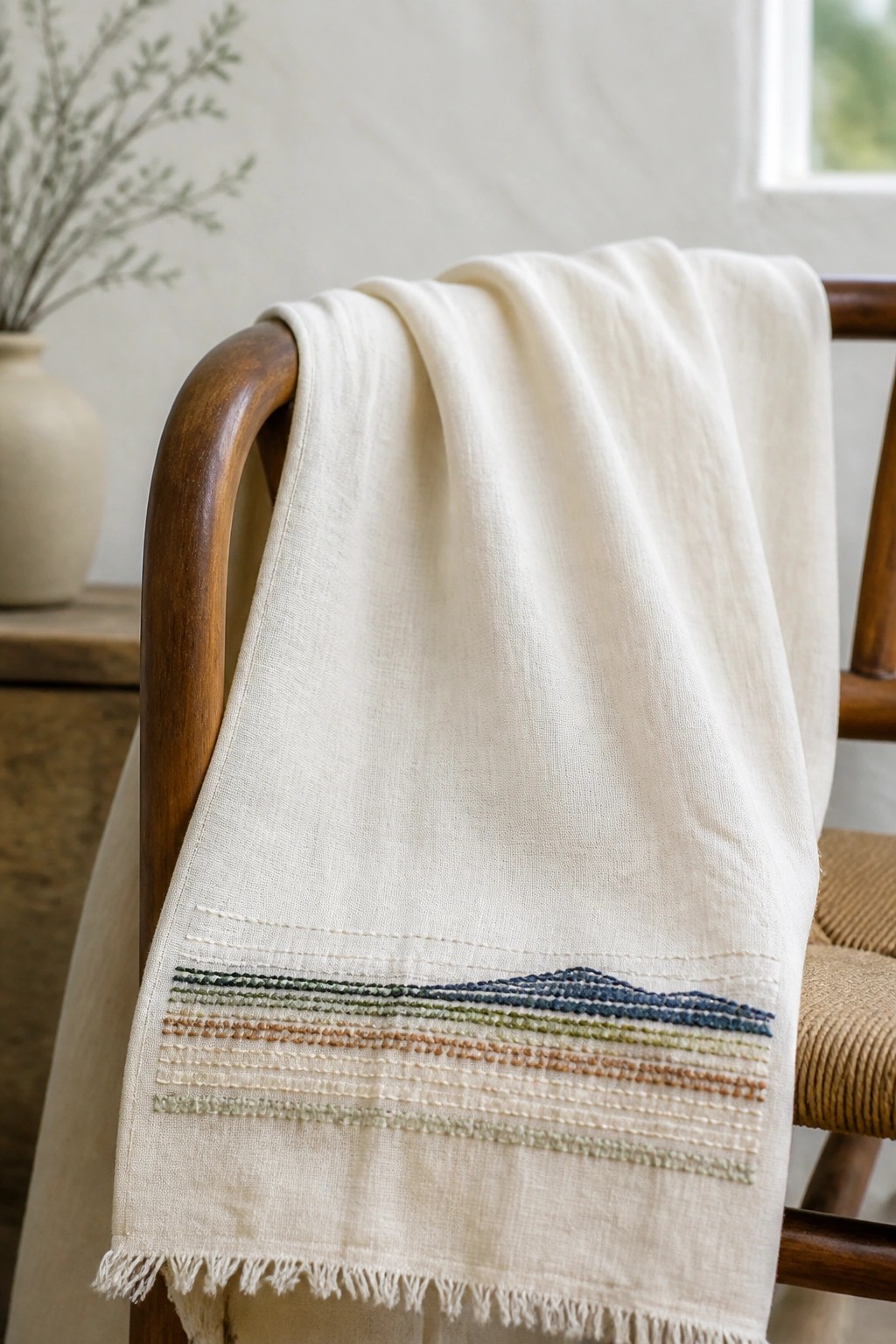 Cream fringed blanket with colorful striped embroidery draped over wooden chair