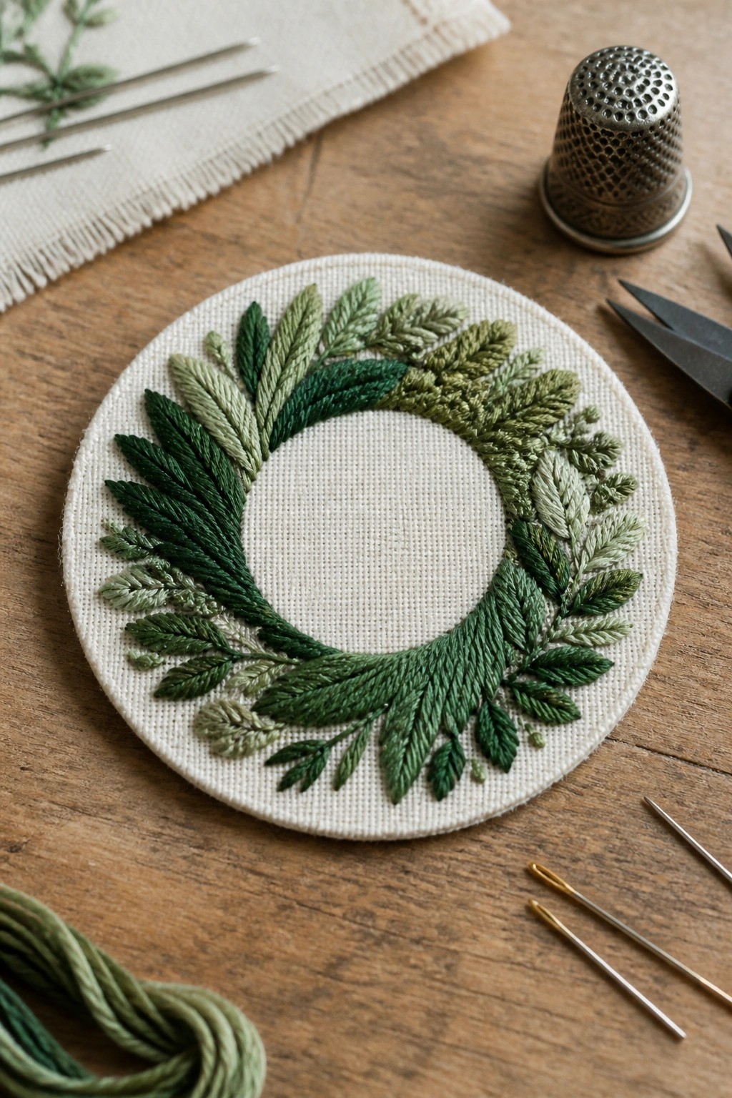 Green embroidered leaf wreath on fabric with thimble, scissors, and threads nearby