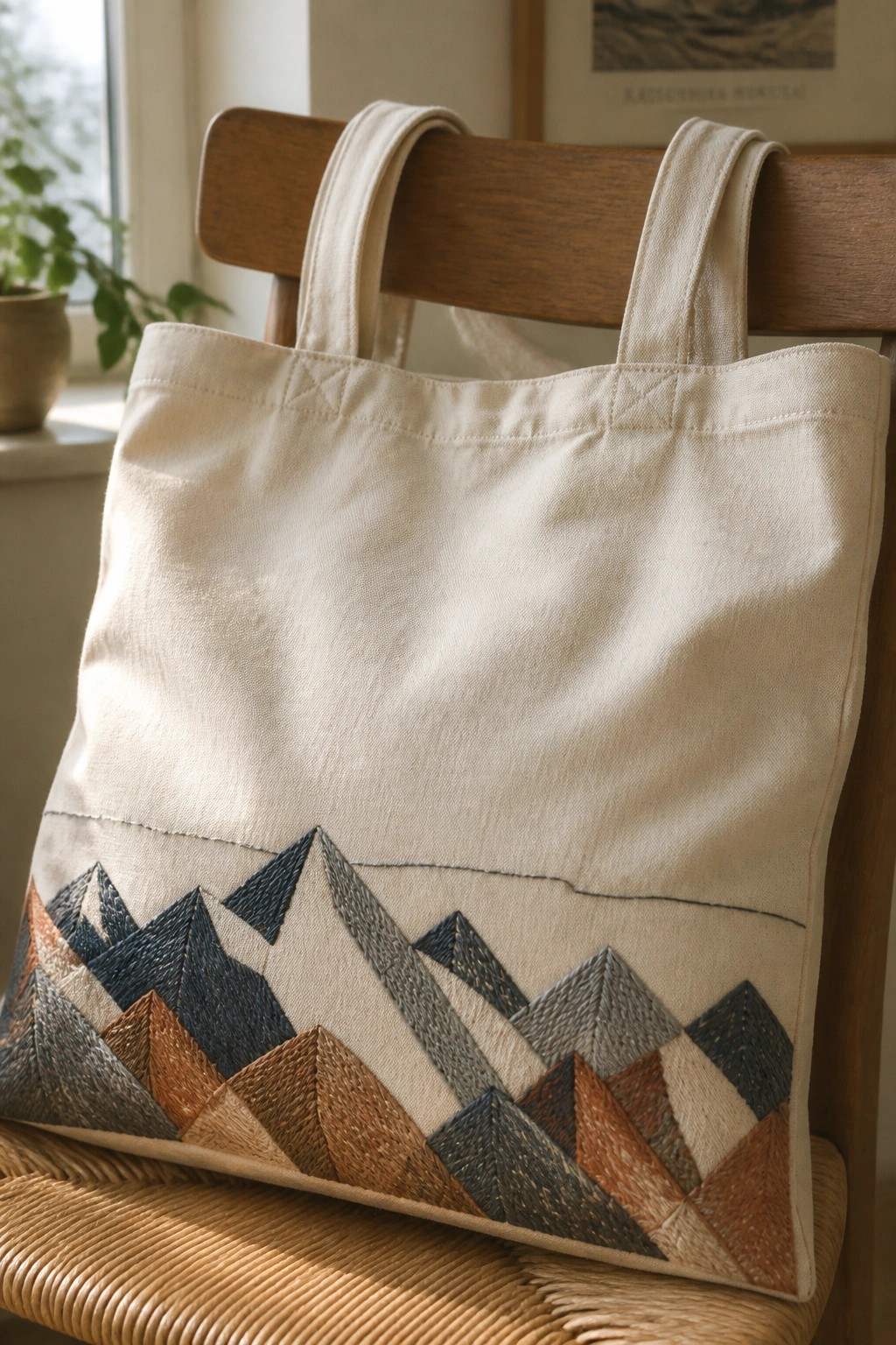 Beige canvas tote bag with patchwork mountain embroidery on wooden chair