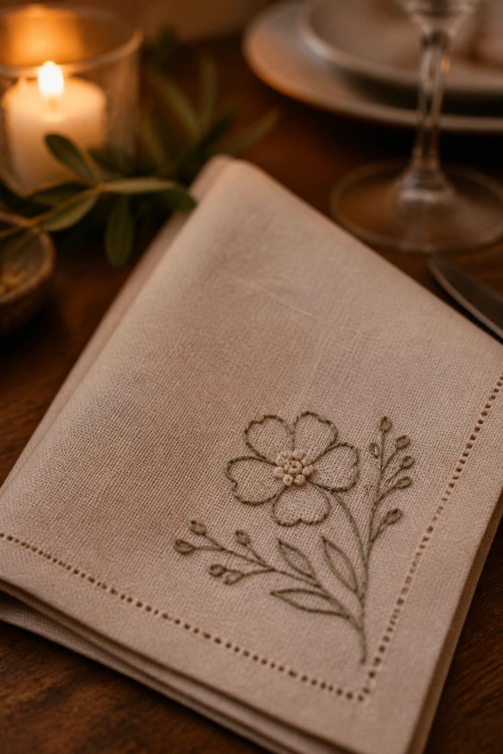 Beige linen napkin with green floral embroidery on wooden table by candlelight.