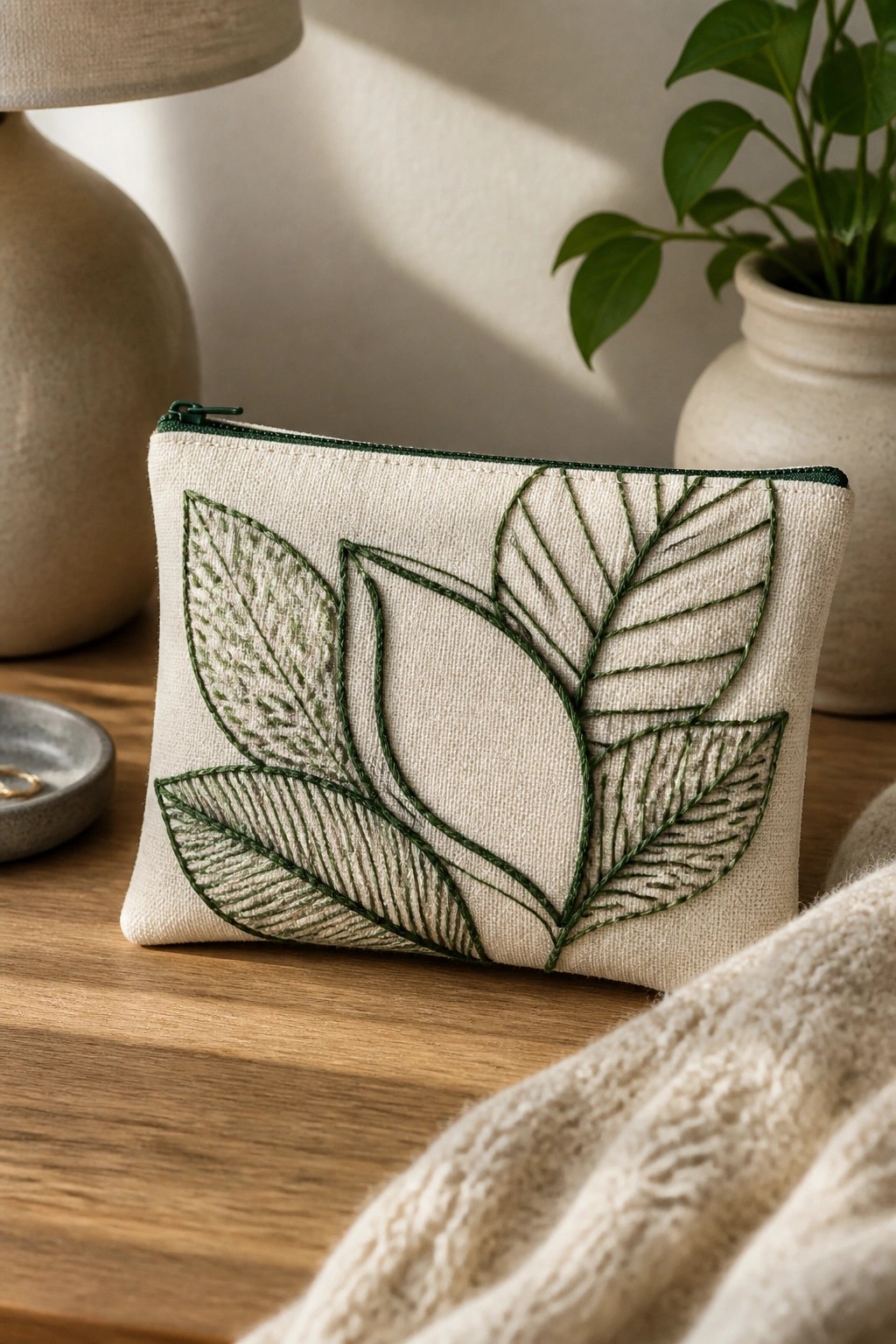 Cream pouch with green leaf embroidery and zipper on wooden table