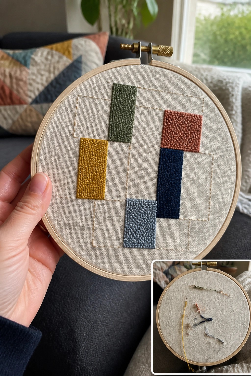 Hand holding embroidery hoop with geometric stitches in yellow, green, blue, and terracotta