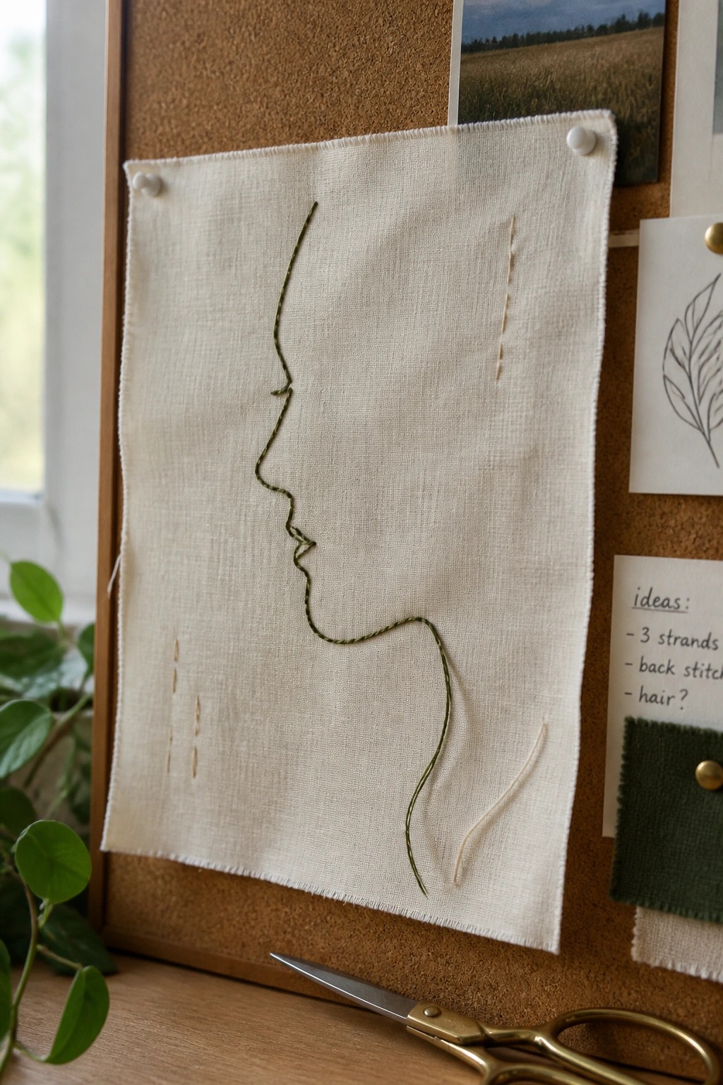 Embroidered green profile of a woman on cream fabric pinned to corkboard with scissors below