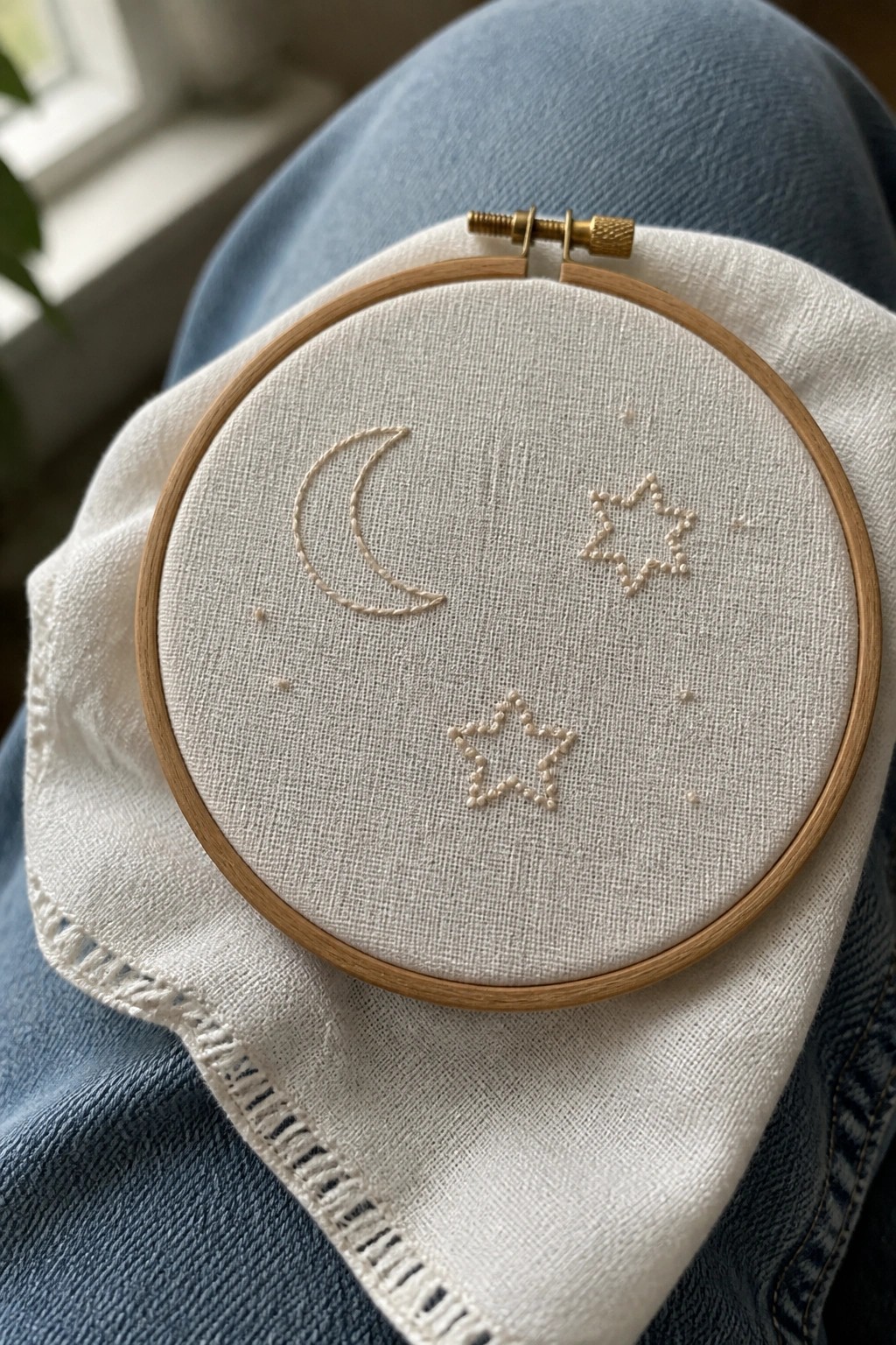 Wooden embroidery hoop with crescent moon and stars on white fabric over blue jeans.