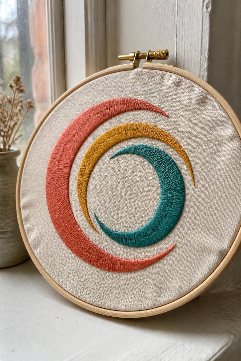 Wooden hoop with embroidered coral, gold, and teal crescent shapes on beige fabric.