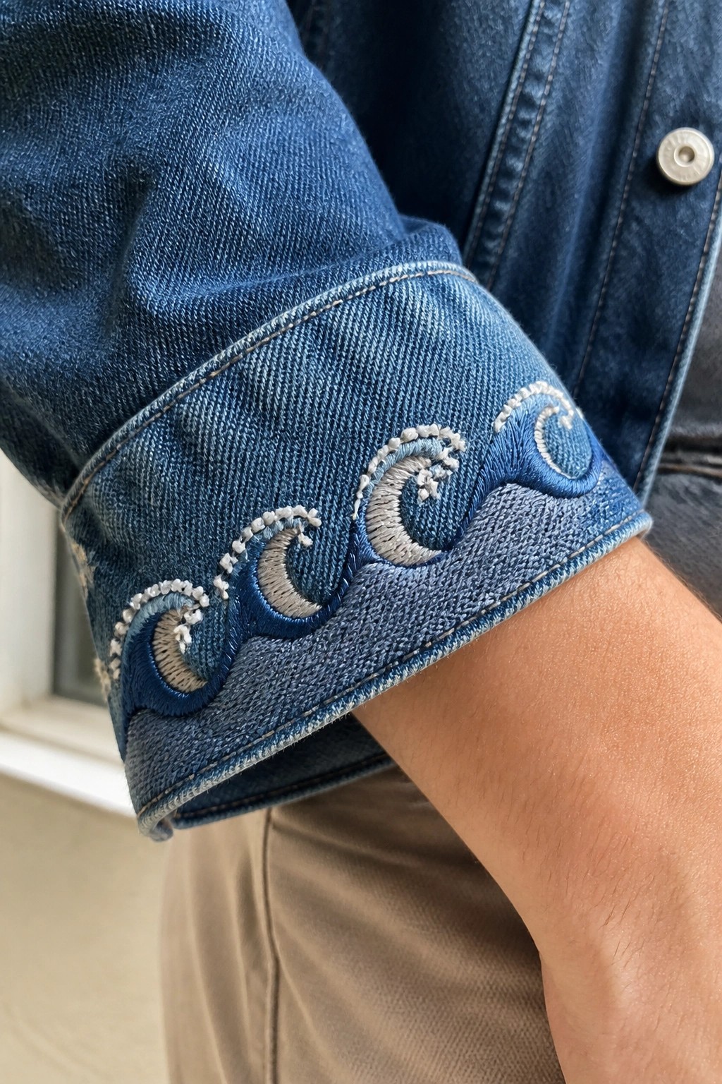 Blue denim jacket cuff with embroidered blue and white wave patterns
