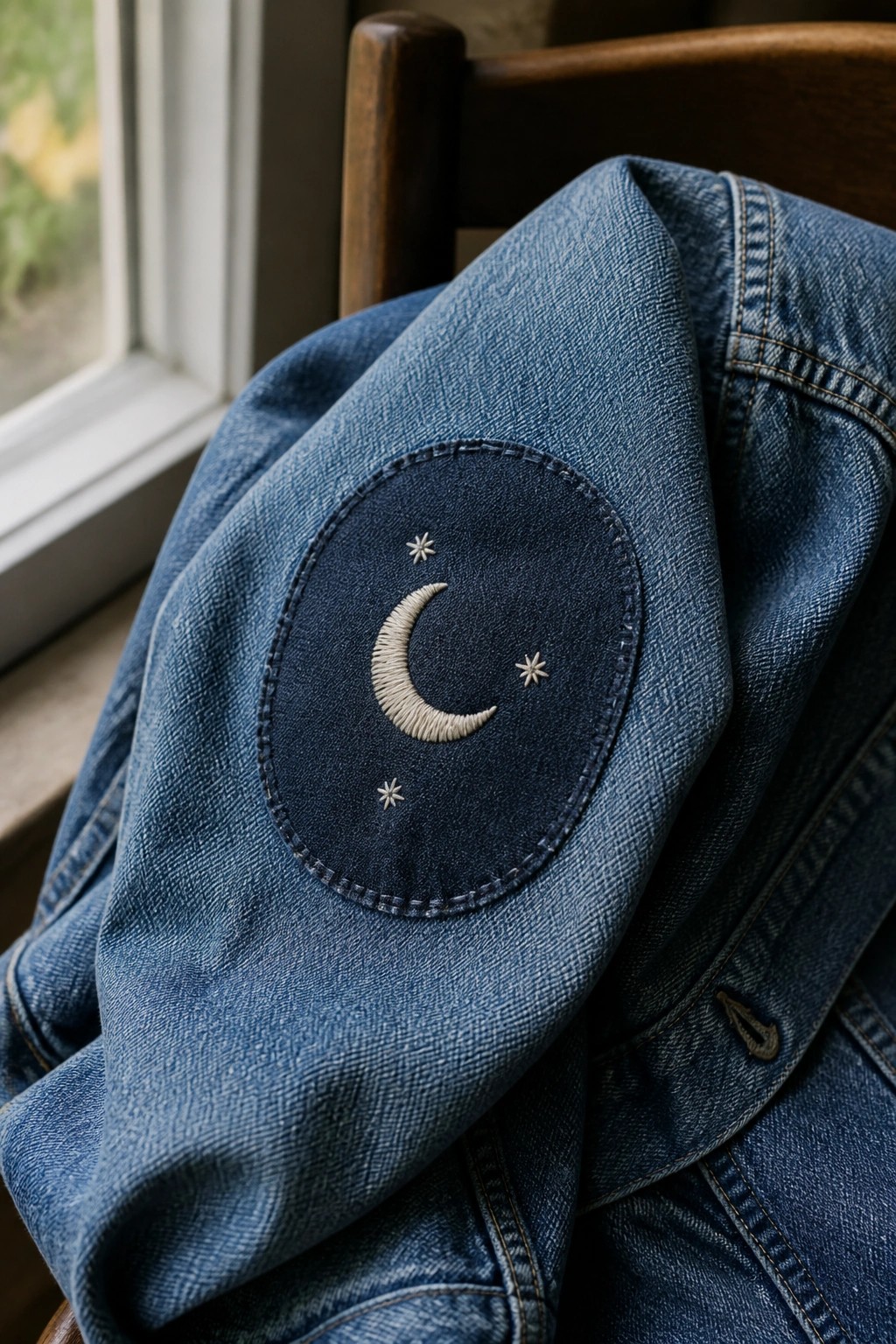 Blue denim jacket with crescent moon and stars embroidered patch on chair