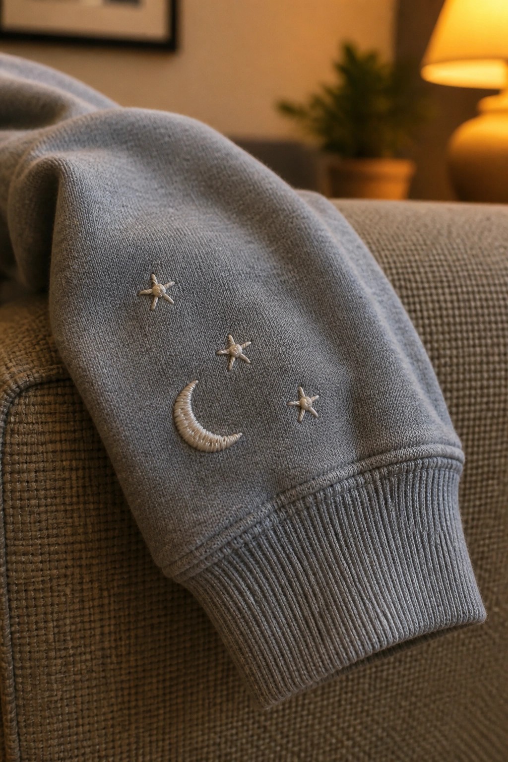 Close-up of a gray sweatshirt sleeve with a crescent moon and four small stars embroidered in light thread near the cuff.