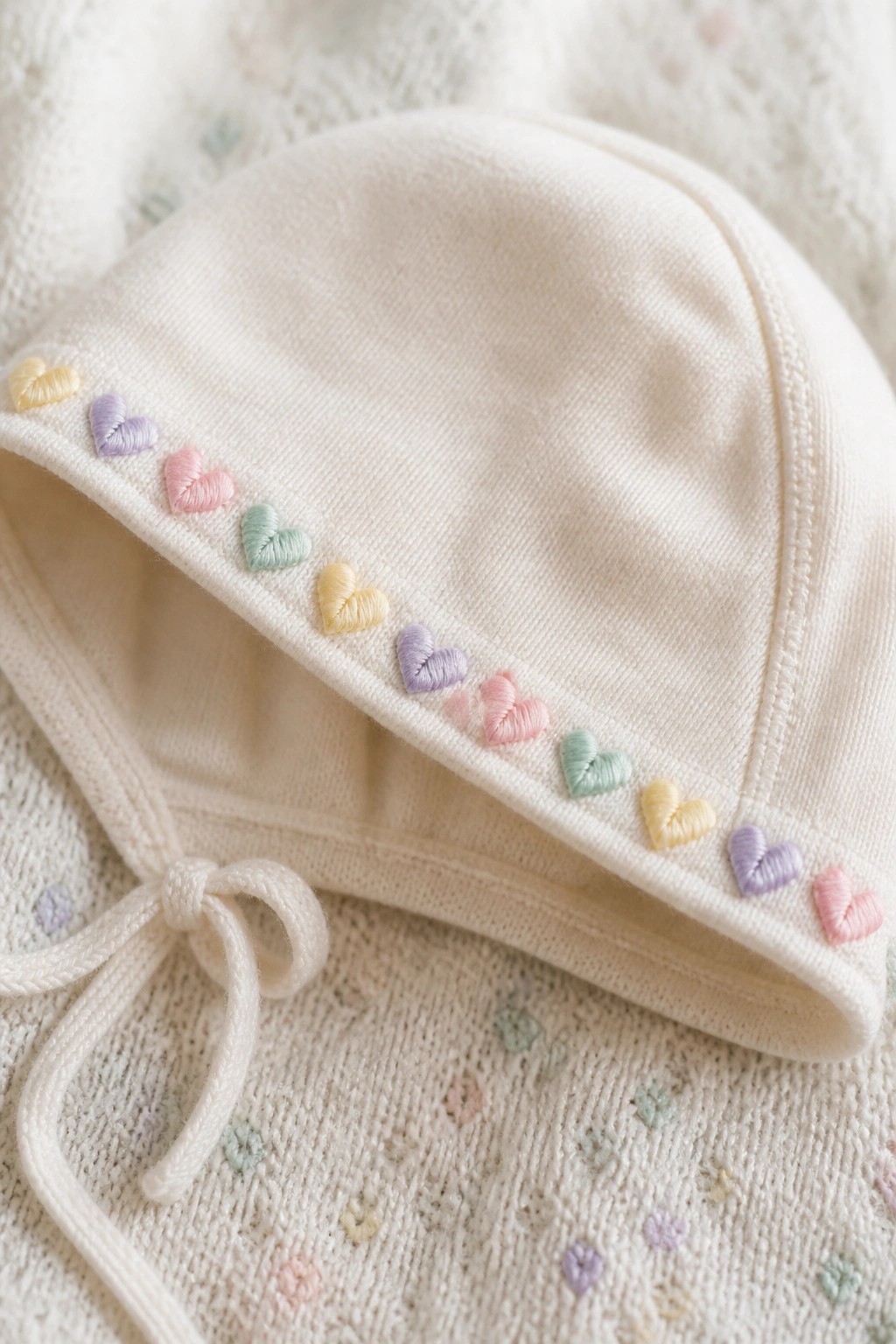 White baby bonnet with pastel heart embroidery on floral knit sweater